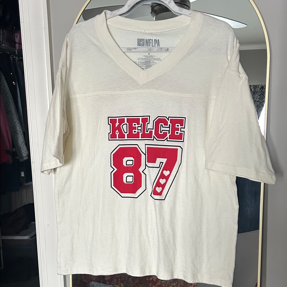 Chiefs Kelce 87 Cream cotton Jersey with Red Kelce 87